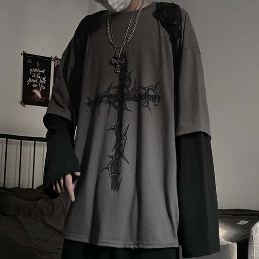 Gothic Style Tshirt Punk Long Sleeve Oversized T-shirt Fake Two-piece Street Fashion Style