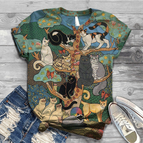 Women Summer Short Sleeve Digital 3D Cat Printed O-Neck Tops T Shirt Femme T-Shirts
