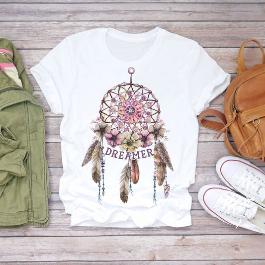 Dream Feather Print Summer Short Sleeve T-Shirts Top Graphic Plue Size