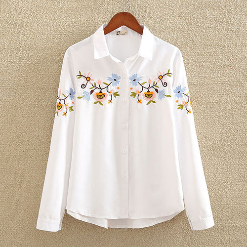 Floral Embroidered Blouse Shirt Women Slim White Tops Long Sleeve Blouses plus size