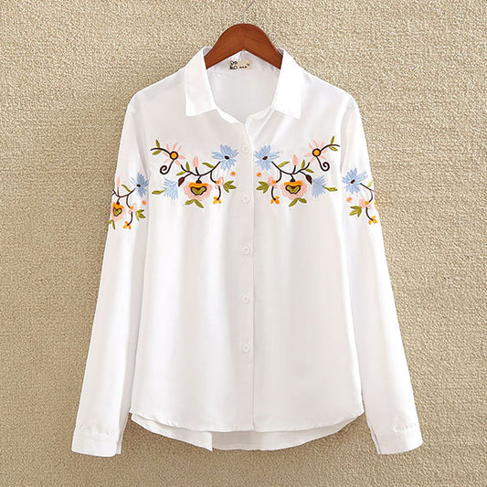 Floral Embroidered Blouse Shirt Women Slim White Tops Long Sleeve Blouses plus size