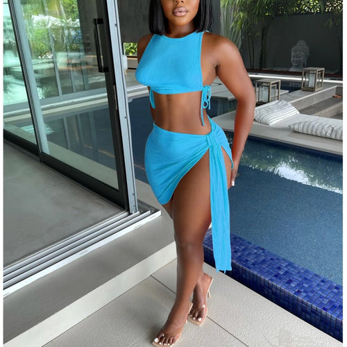 Knitted Ribbed Two Piece Set Bandage Crop Top Bodycon Mini Skirts Beachwear Outfits Summer