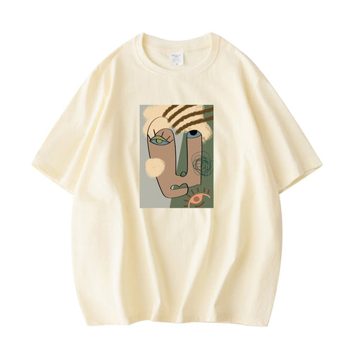 Abstract Pattern Tshirts Lady Cotton Green Summer Tees Lady Short Sleeve Streetwear Tops