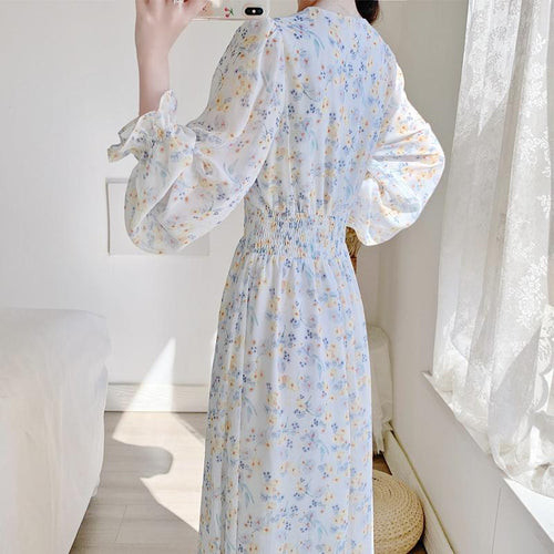 V-neck Chiffon Floral Dress Women Spring Summer Fairy Long Dresses Female