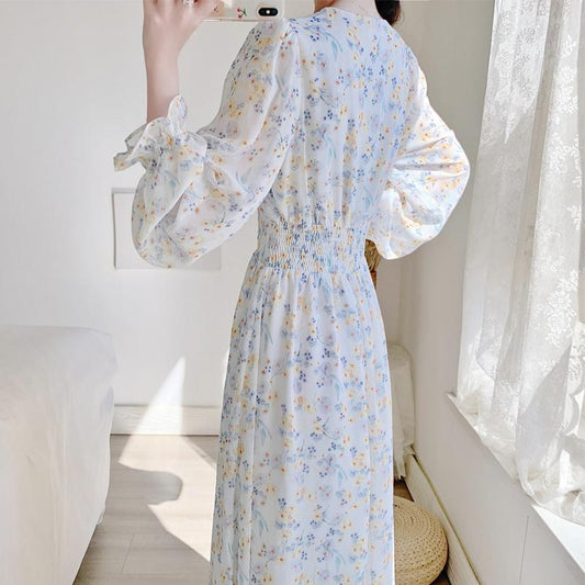 V-neck Chiffon Floral Dress Women Spring Summer Fairy Long Dresses Female