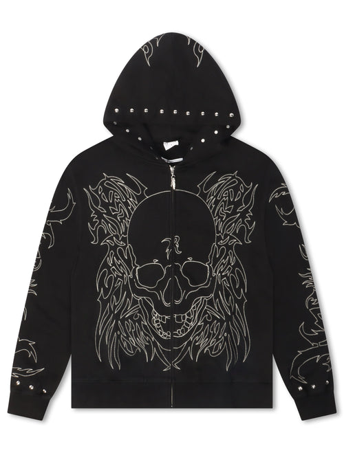 Revenge Tribal Skull Studded Zip-Up - Black/Silver