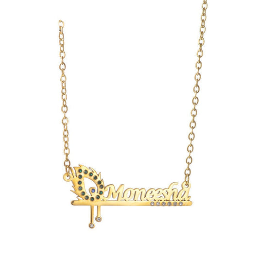 Diamond hollow peacock feather custom name necklace