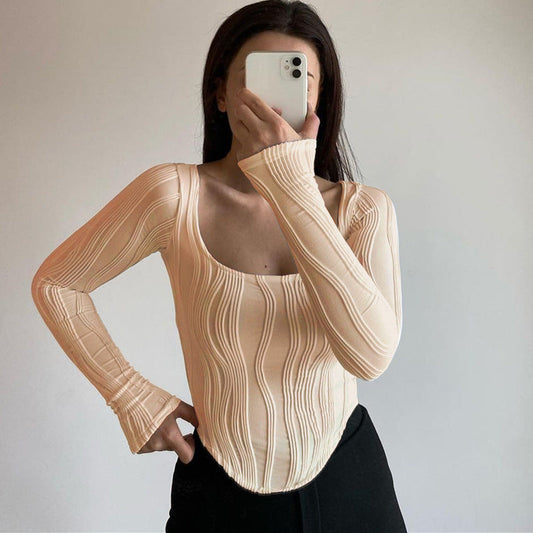 Autumn & Winter long-sleeved U-neck water ripple slim fit top T-shirt