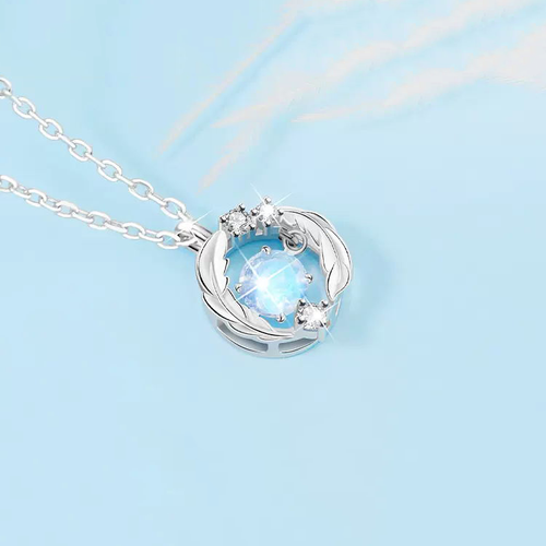 Silver Flash Necklace Feather Beating Heart Moonstone Necklace