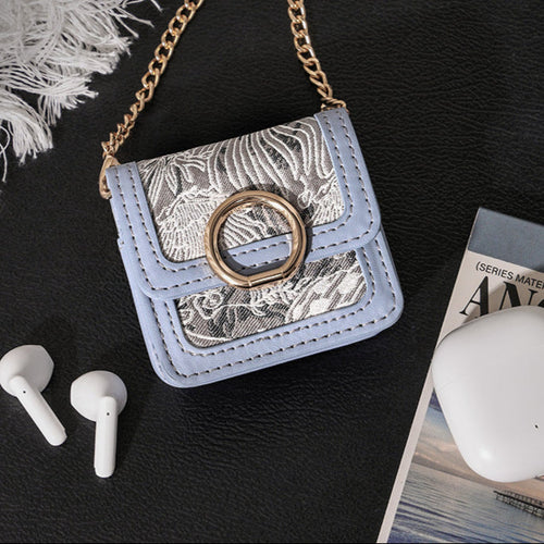 Retro Jacquard Mini Headphone Bag-Blue