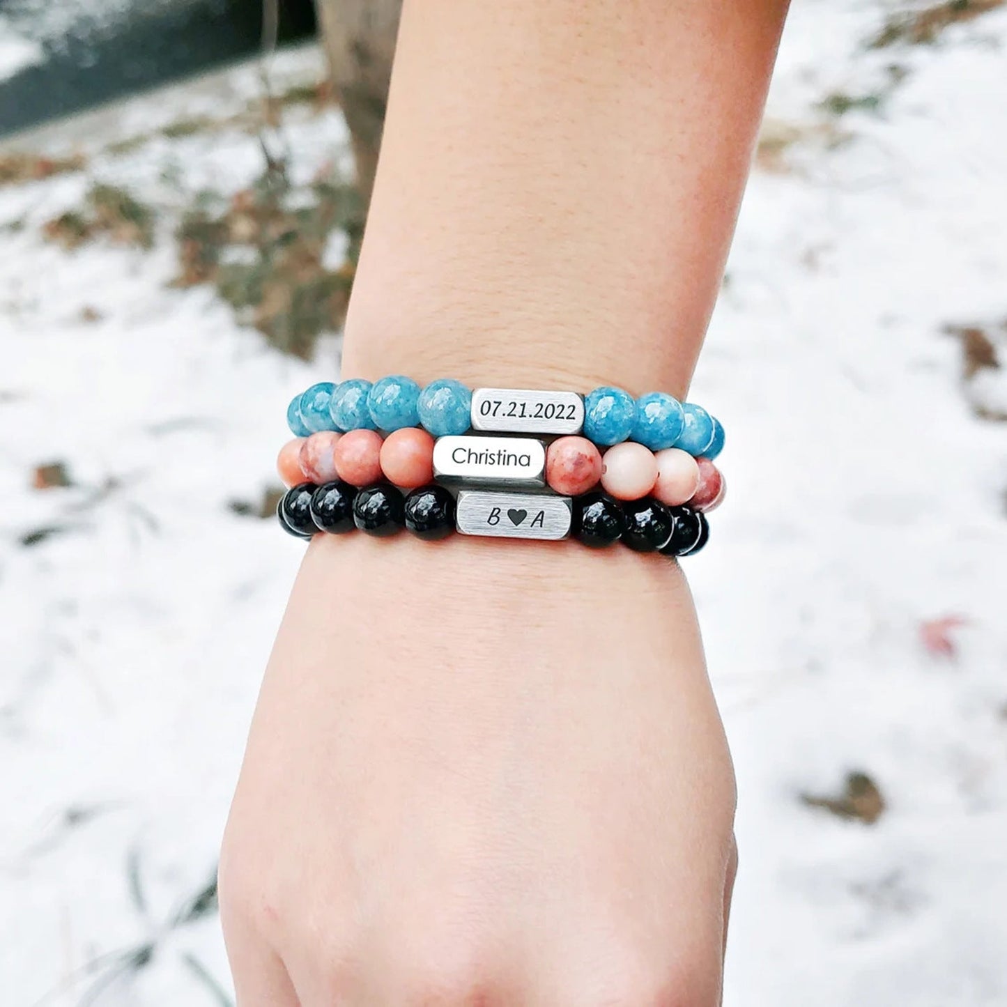 Stainless steel engraved beaded bracelet