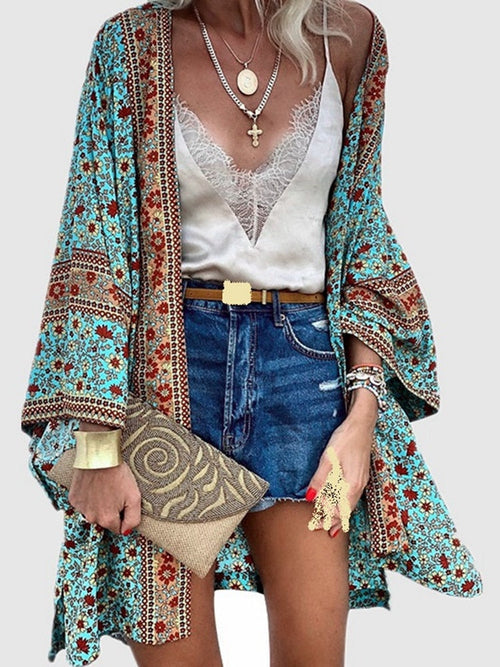 Cardigan Women Bohemian Floral Printed Blouse Open Front Loose Beach Tops Vintage Long Sleeve