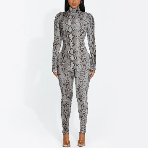 Snake Print Turtleneck Long Sleeve Zip Up Sexy Bodycon Jumpsuit Streetwear