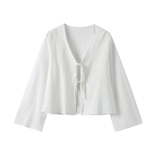 Cotton Linen Lace Up Bow Shirts Women Loose Hollow Out V Neck Long Sleeve Tops