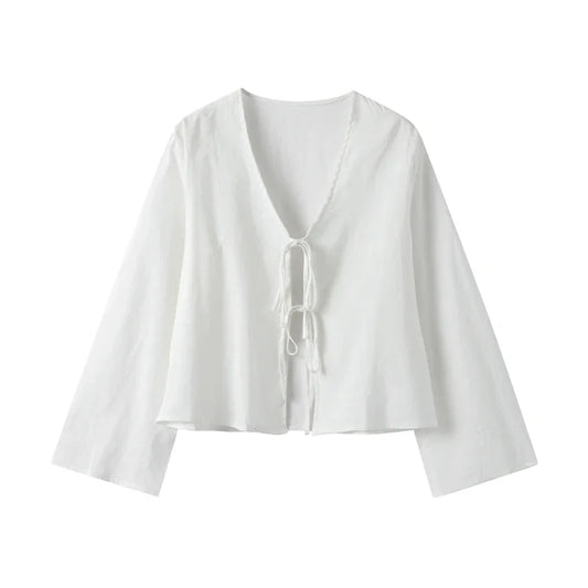 Cotton Linen Lace Up Bow Shirts Women Loose Hollow Out V Neck Long Sleeve Tops