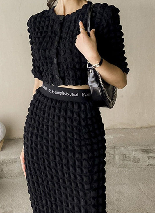 Summer Ladies 2 Pieces Skirt Set Short Sleeve Single-breasted Tops & High Waist