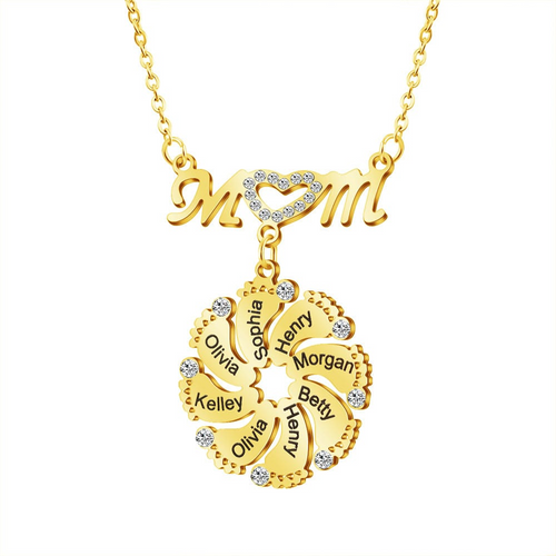 Personalized Diamond Mom Necklace With Crystal Baby Feet Engraved Names Pendant