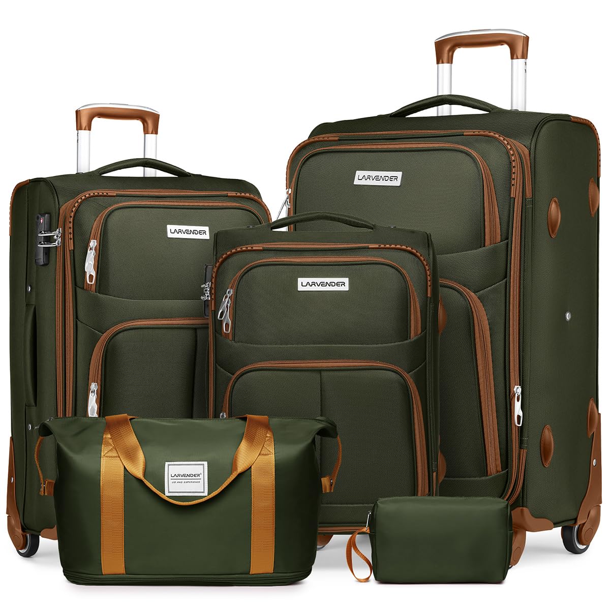 LARVENDER Luggage Sets 5 Piece Softside Expandable Suitcases Set with Spinner Wheels TSA Lock Lightweight Soft Shell Rolling Travel Luggage Set Clearance for Men and Women Green Brown