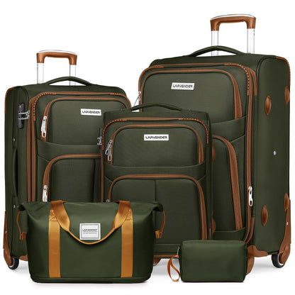 LARVENDER Luggage Sets 5 Piece Softside Expandable Suitcases Set with Spinner Wheels TSA Lock Lightweight Soft Shell Rolling Travel Luggage Set Clearance for Men and Women Green Brown